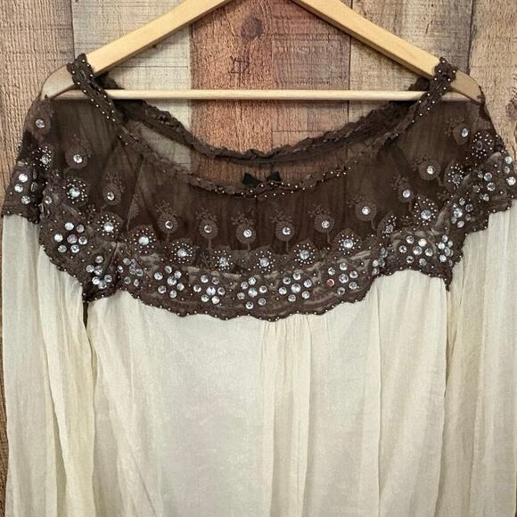 Ryu Collection Blouse Cream & Brown Lace Off the Shoulder Top Women’s Sz L NWT - Picture 4 of 11